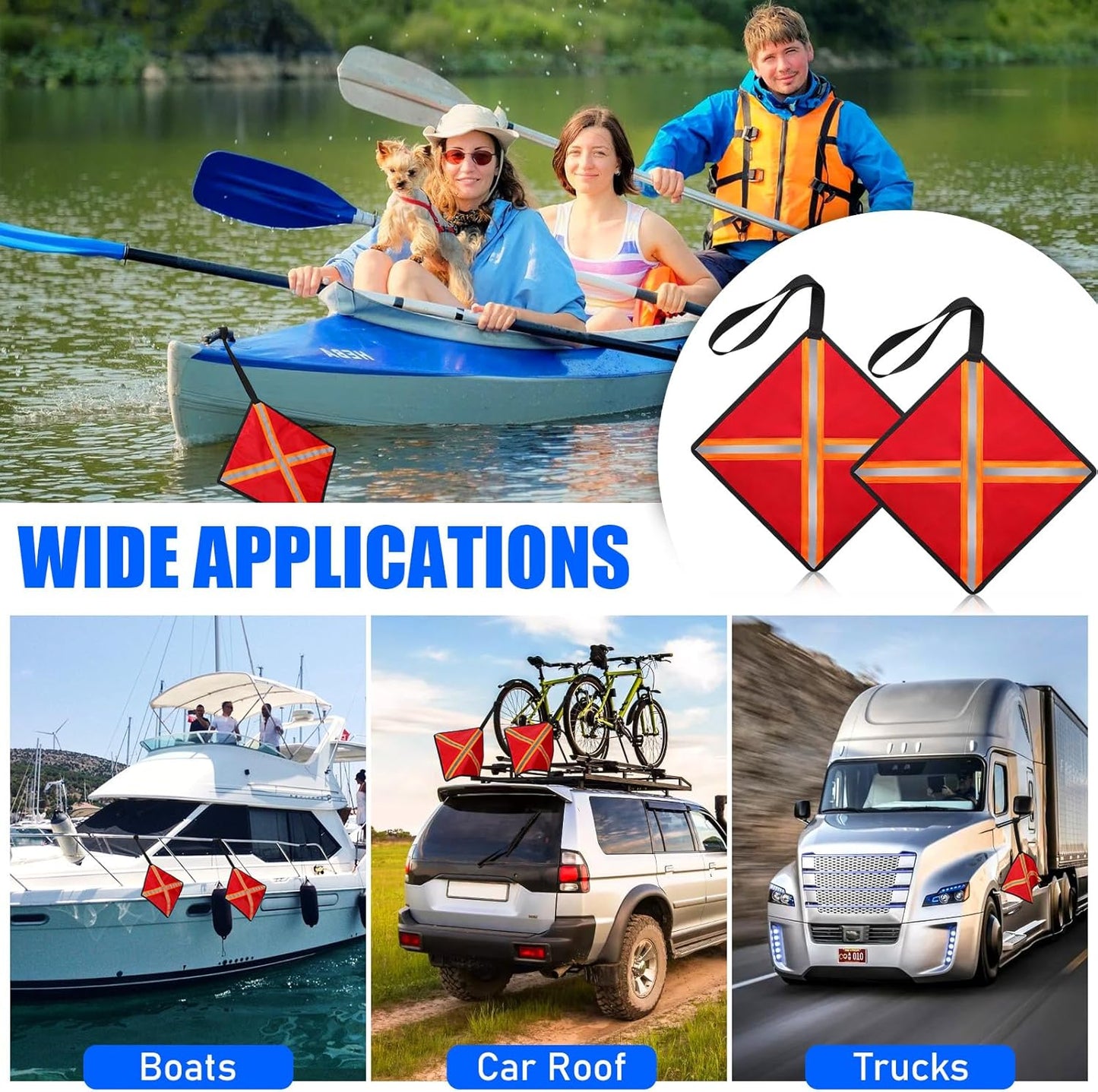 2PCS Kayak Flag, 13x13 in Red Flag for Truck Loads, High Visibility Reflective Safety Flags for Trucks Boat Kayak Canoe SUP Towing, Trailer Warning Flags Tear-Resistant Reinforced Edge, Weather Proof