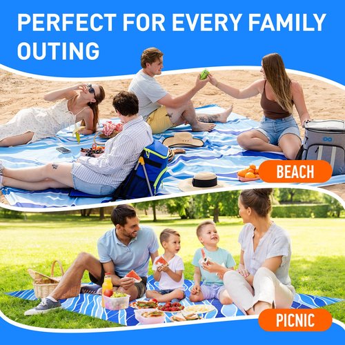 Everlasting Comfort Large Beach Blanket Waterproof & Sandproof - 80" x 80"/6.7ft x 6.7ft - Lightweight Beach Mat, Picnic Mat, Outdoor Blanket - Ideal for Festivals, Camping - Blue