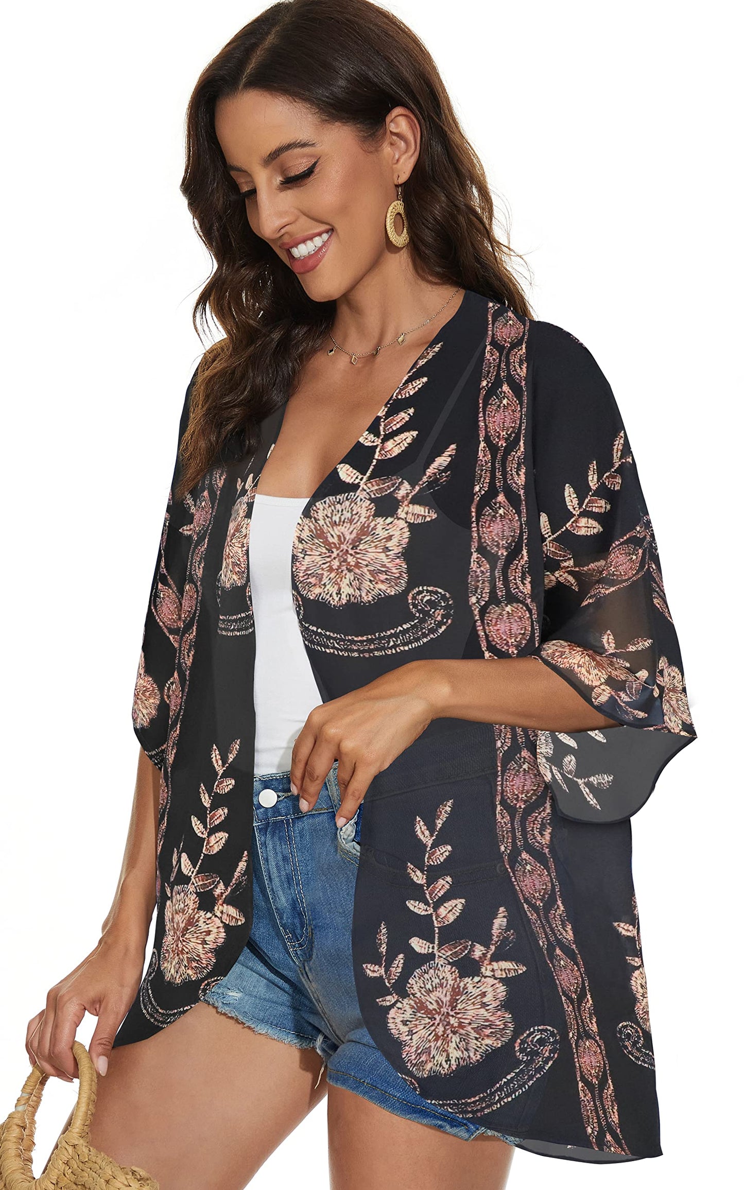 Kimono Cardigans Floral Womens Tops Dressy Casual Spring Cover ups Chiffon Open Front Shirts (BlackLace,XL)