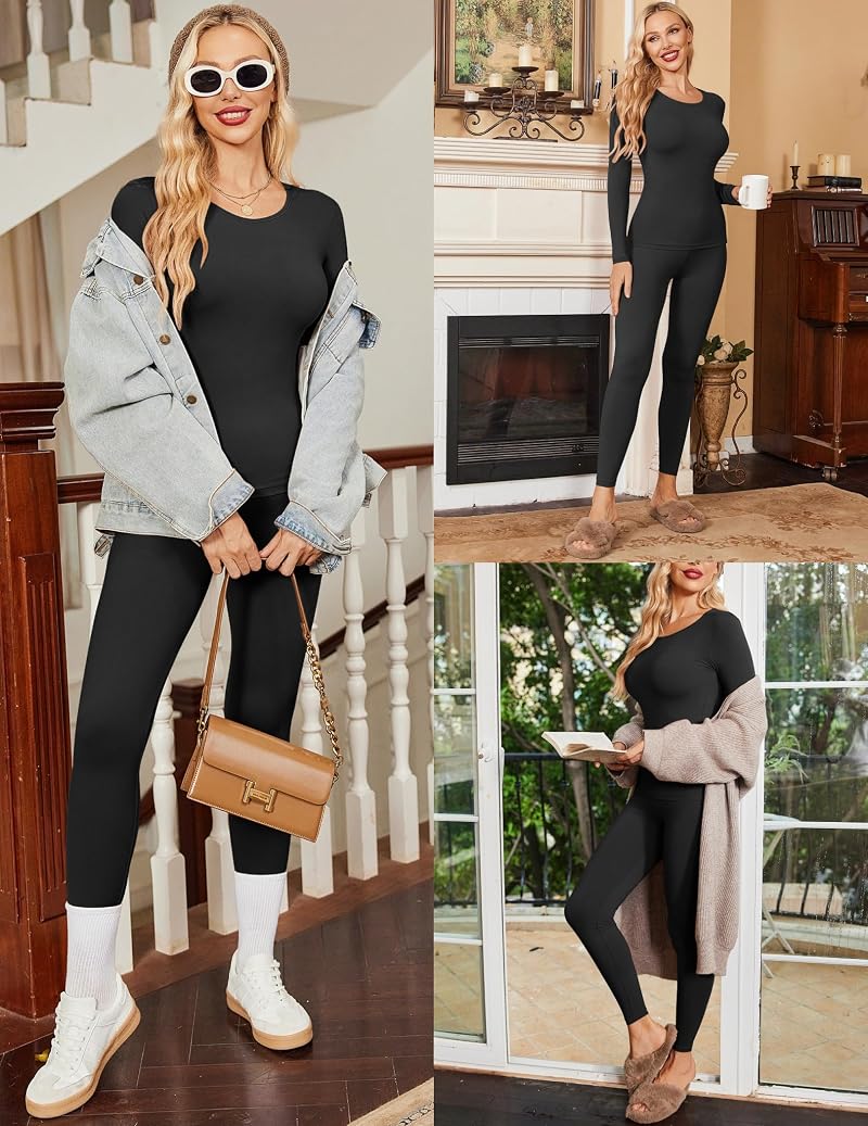 Ekouaer Thermal Underwear for Women Long Johns Base Layer Set – Black, Large