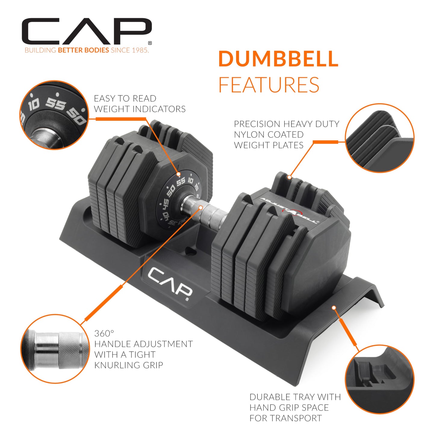 CAP ADJUSTABELL Adjustable Dumbbell Set, Premium Quick Select Adjustable Weights for Home Gym Strength Training, Hex, 55 LB Pair, Chrome Grip Handle