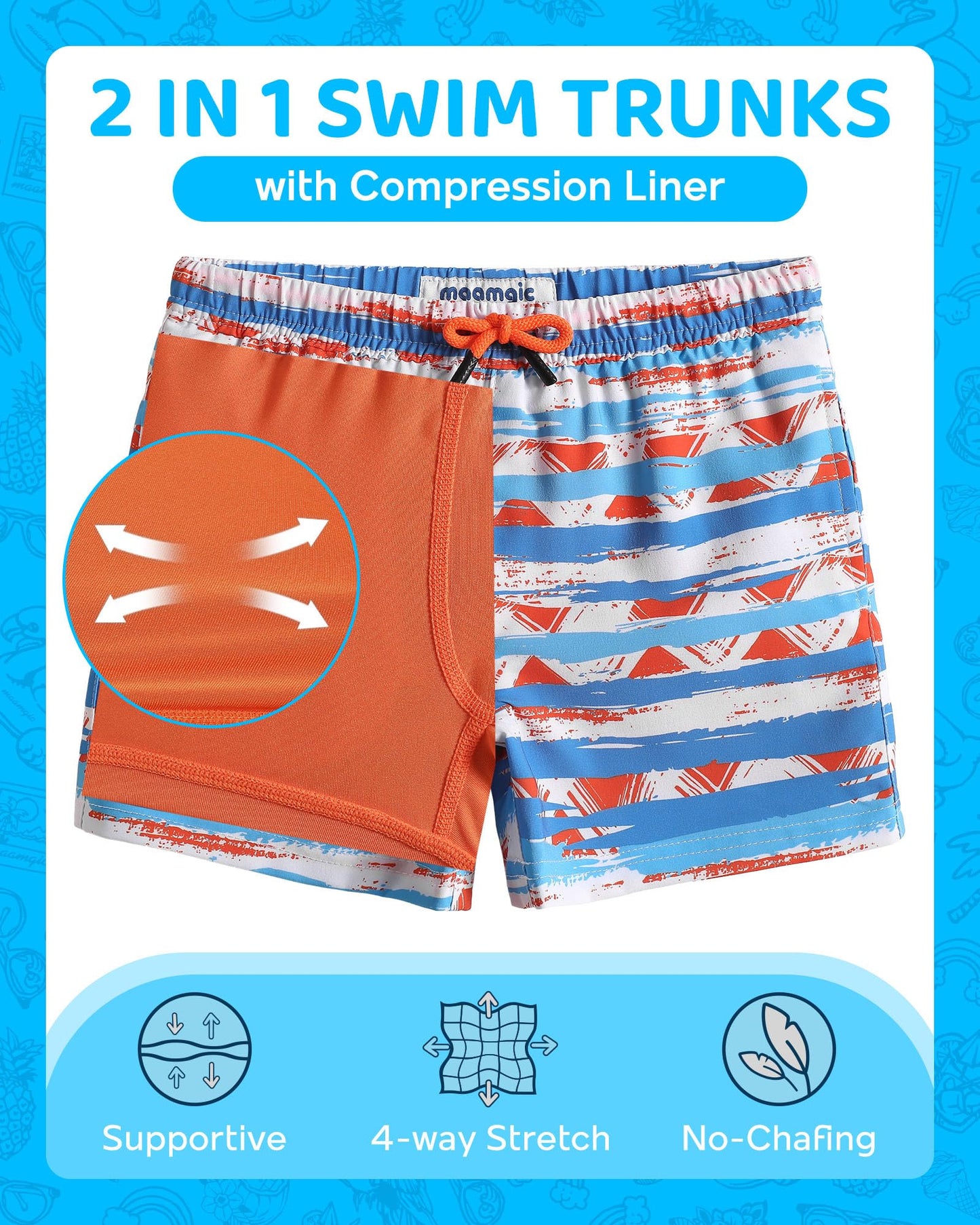 maamgic Boys Swim Trunks with Compression Liner Toddler Boy Swimsuit Quick Dry 4-Way Stretch Swimming Trunks Mottled Stripes 4T