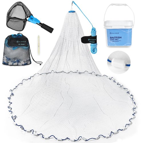 Calamus Cast Net 3/8" Mesh for Freshwater and Saltwater, 3ft-6ft Radius Casting Nets with Heavy-Duty Sinking Nylon Line, Mesh Storage Bag & Storage Bucket & Net Repair Kit