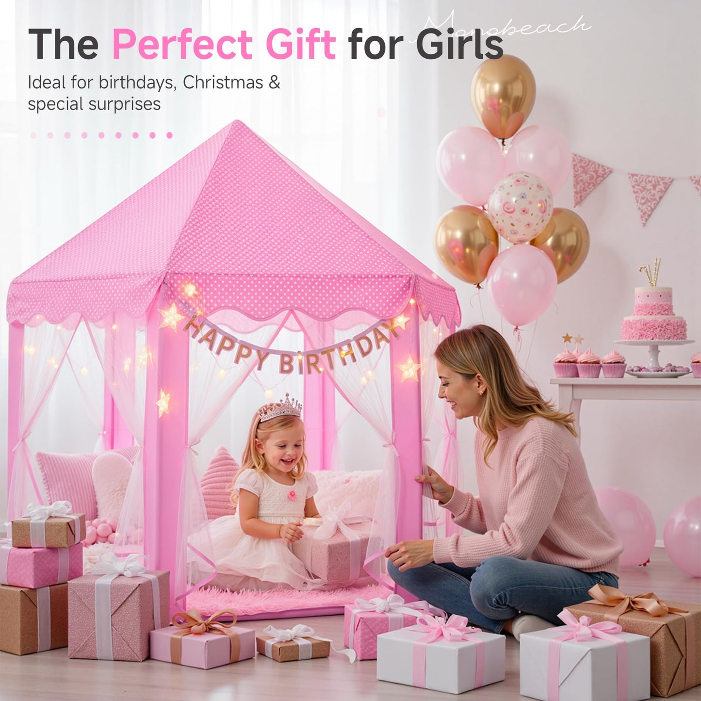 Monobeach Princess Tent Girls Large Playhouse Kids Castle Play Tent with Star Lights Toy for Children Indoor and Outdoor Games, 55'' x 53'' (DxH) (Pink Princess with Play Mat)