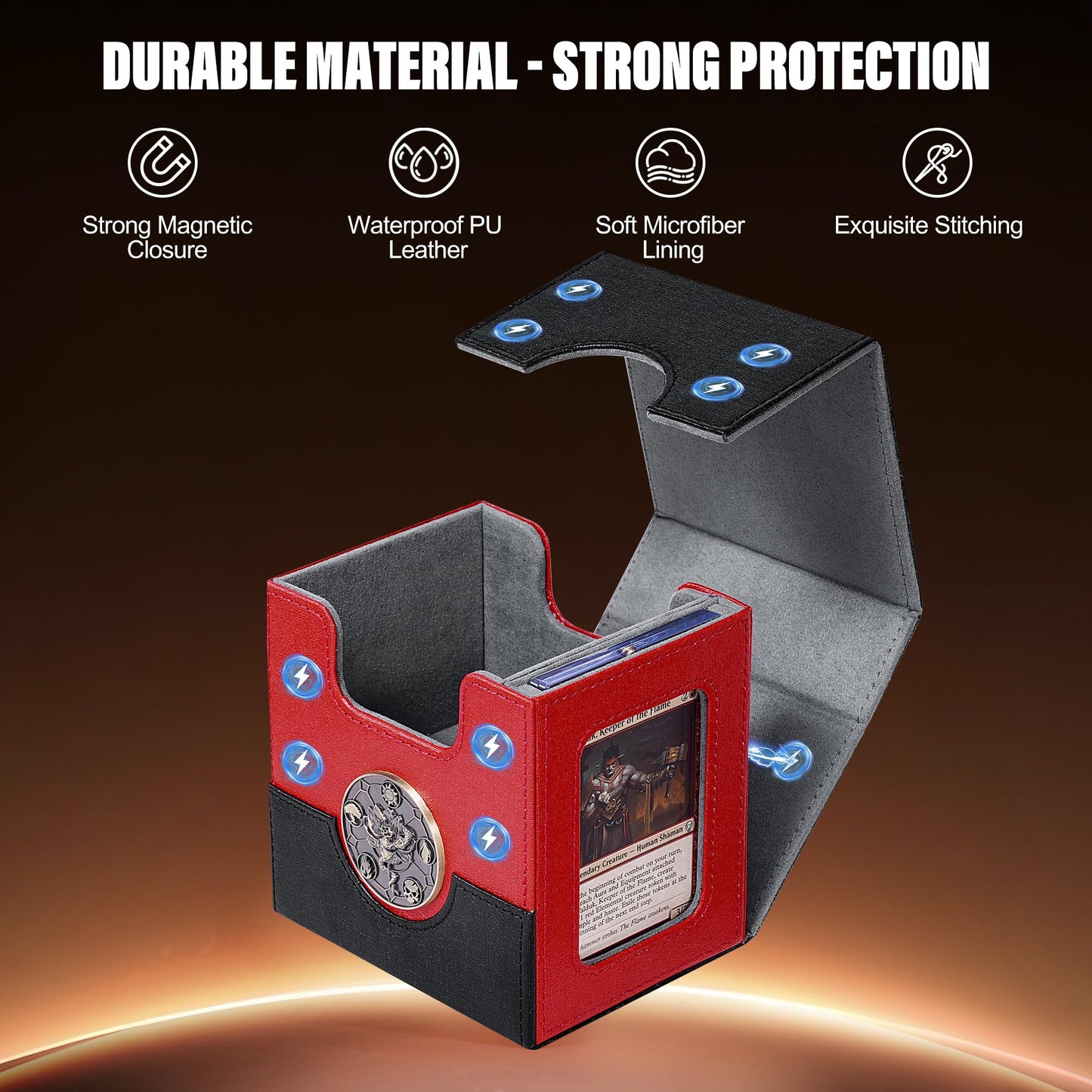 Kabinka Commander Deck Box for MTG with Metal Emblem, Card Deck Box with Dice Tray, Holds 100 Double-Sleeved Cards for TCG/PTCG, Cards Storage Case with 35PT Magnetic Card Holder (Black& Red, Lotus)
