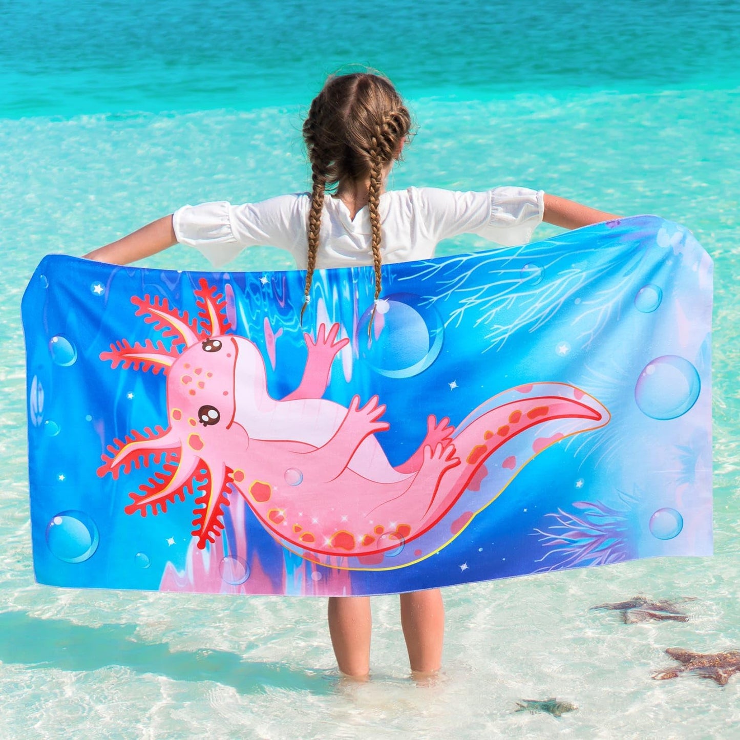 WERNNSAI Kids Beach Towel for Girls, Axolotl Quick Dry Swim Towel