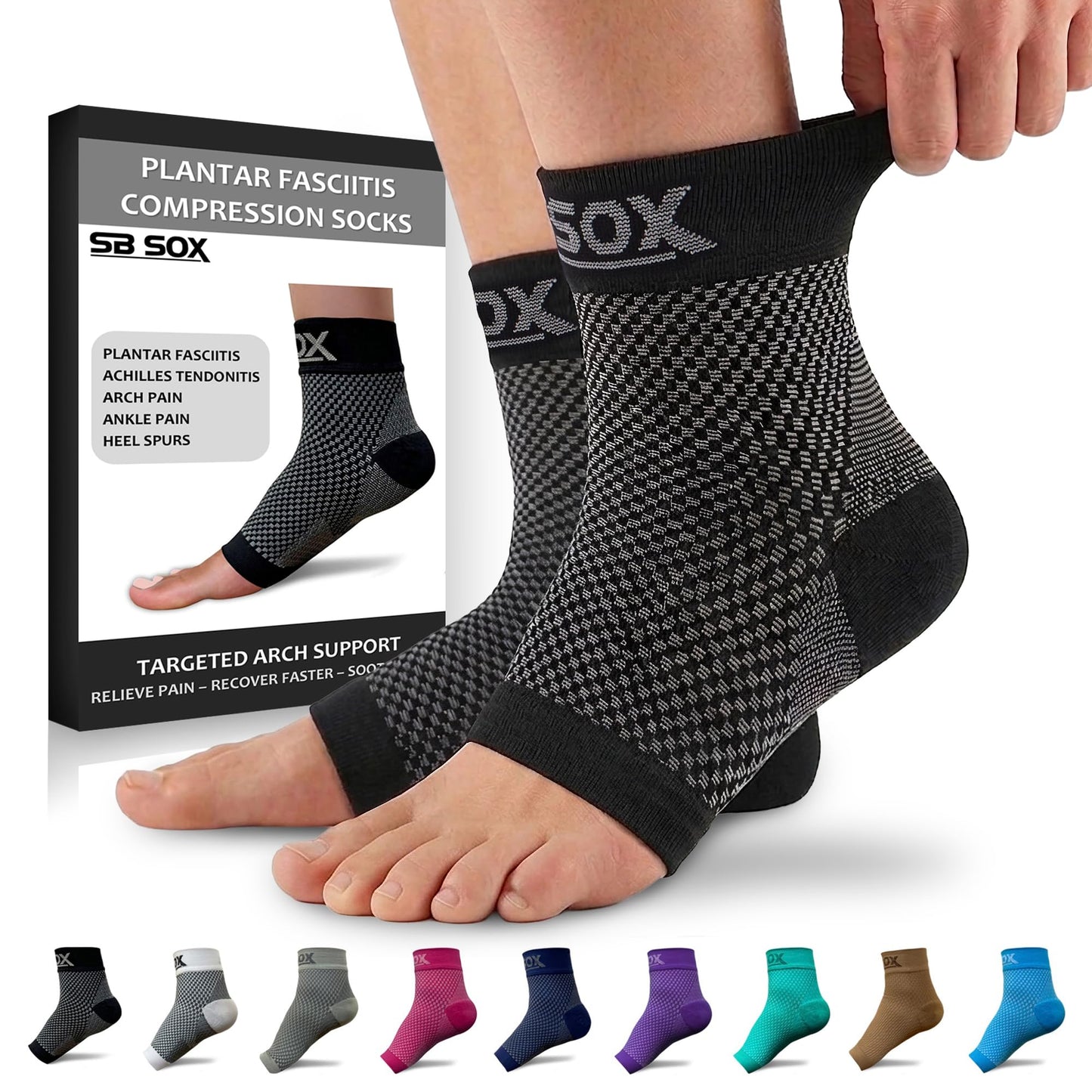 SB SOX Plantar Fasciitis Compression Socks – Arch Support Sleeve for Heel Pain Relief, Achilles Tendonitis & Foot Pain – Toeless Ankle Compression, All-Day Comfort (Black, Medium)