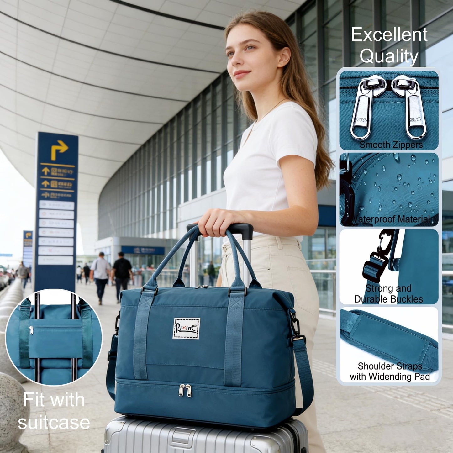 BELiXP Women Travel Duffel Bag, Carry on Weekender Overnight Bag for Women, Travel Tote Bag with Shoe Compartment & Wet Pocket, Lightweight Travel Bag for Vacation Sports Gym (Peacock Blue, L)