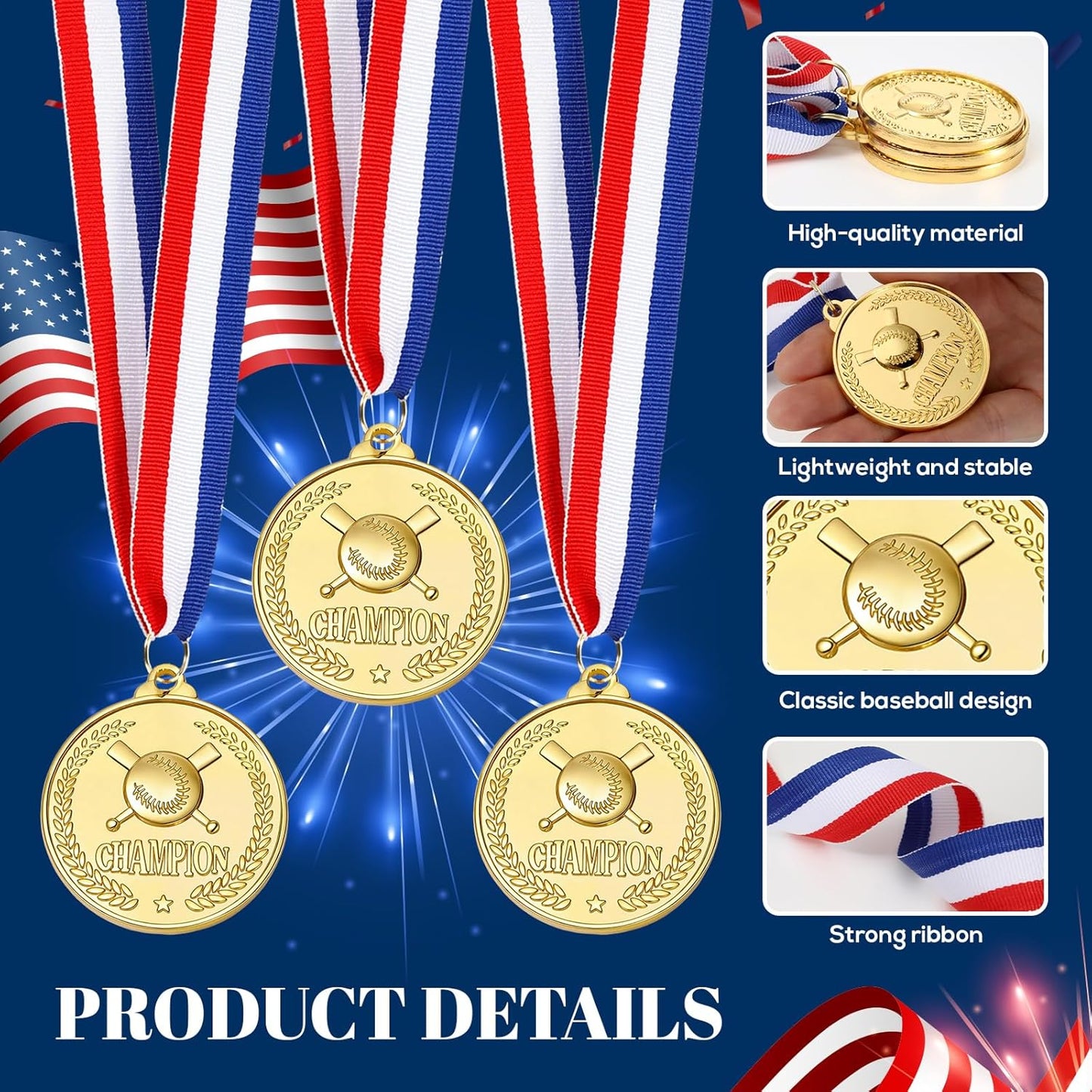12 Pcs Baseball Medals for Award Golden Metal Medals for Kids Boys Adults Medals with Neck Ribbons Favors Competitions, Sports Events, Baseball Game Sports, Baseball Party Favors, 2 Inches