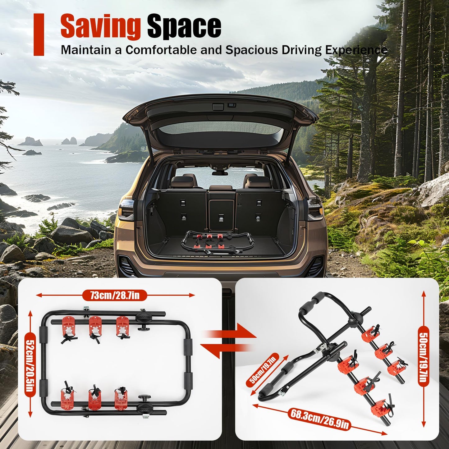 IOUSSJC Car Trunk Bicycle Rack Carrier, Steel 3-Bike Rack Trunk Mount, Bike Rack for Car Fits Most Hatchbacks, Sedans, SUV and Vans, Anti-Sway Straps, Foldable Design