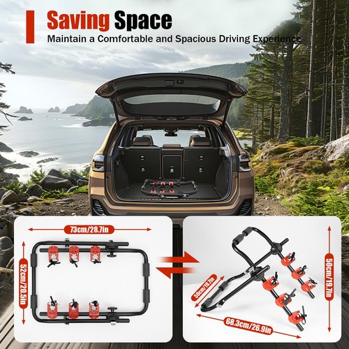 PERFERATE Foldable 3-Bike Carrier Rack Trunk Mount with Fixed Strap 88lbs Load Foldable Bike Rack for Cars for Car, SUV, Minivan & Sedan, Durable Steel Frame Durable,Rust-Free(Black+Red)