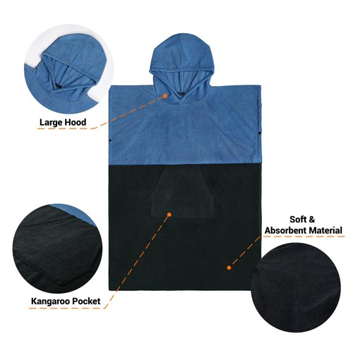 Zingtto Hooded Beach Towels for Kids Surf Poncho Swim Robe for 6-13 Years, Big Kids Hooded Bath Towels Thick Changing Robe Girls Boys, Black Blue