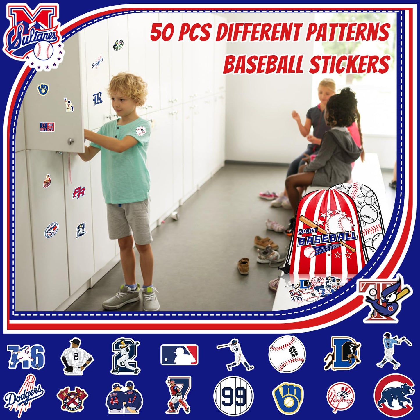 Grneric 110 Pcs Baseball Party Favors, Drawstring Bags Baseball Goodie Bags with Keychains Silicone Bracelets Stickers Gift Bags for Baseball Themed Birthday Party Favors Supplies