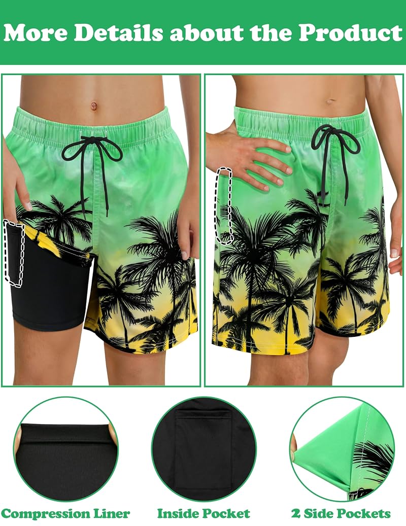 Boys Swim Trunks with Compression Liner - Quick-Dry Kids Board Shorts 8 Years Green Yellow Gradient Coconut Palm