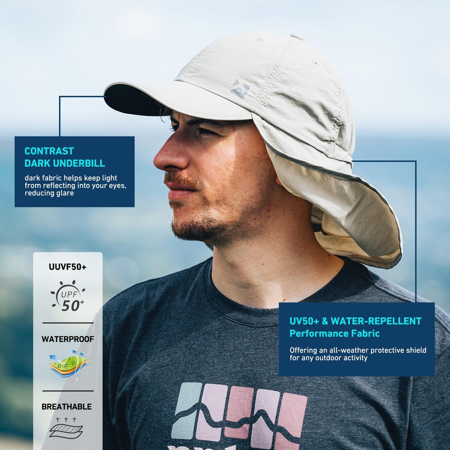 Men's UPF 50+ Waterproof Baseball Sun Cap with Neck Flap, Grey L/XL