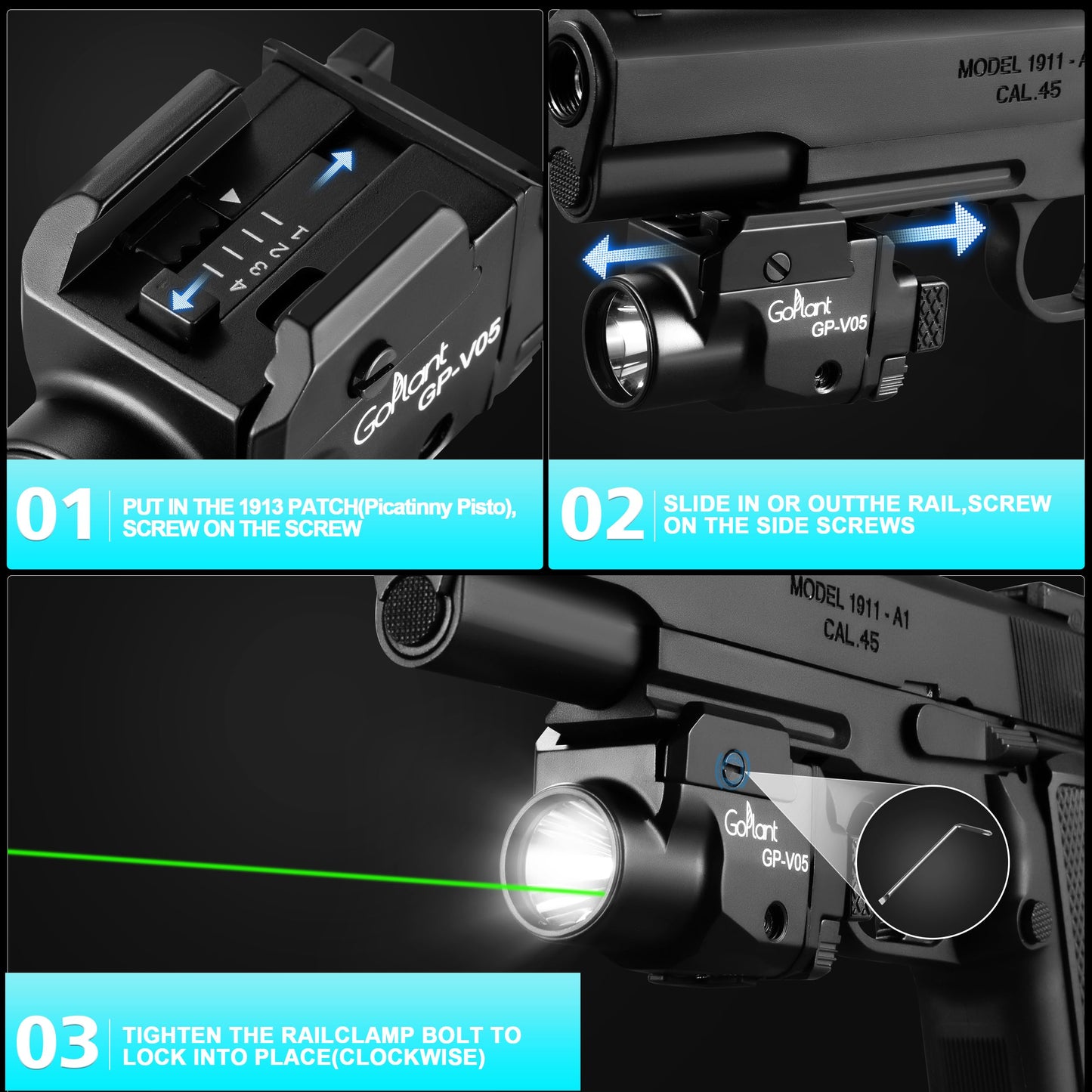 1500 Lumens Aircraft-Grade Aluminum Compact Pistol Flashlight, Picatinny Flashlights Laser Weapon Light, Subcompact Tactical Pistol Lights,Green Laser Light Combo For Handgun, Rechargeable Gun Laser