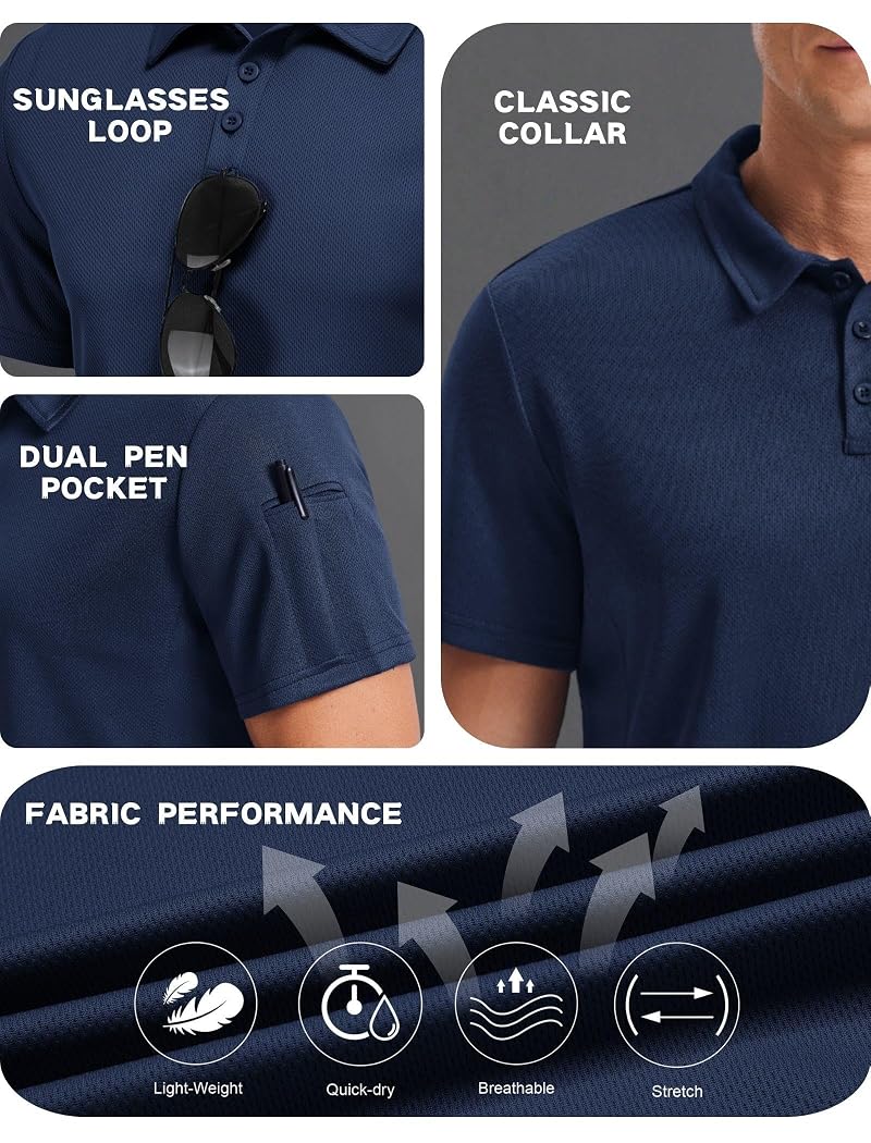PINSPARK Men's Golf Polo Shirt - Quick Dry, Short Sleeve, Navy XL