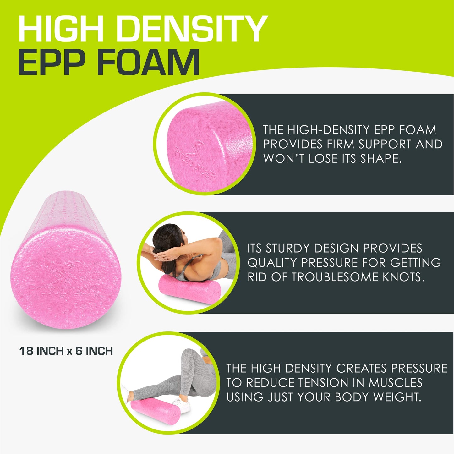 ProsourceFit High Density Foam Rollers 18 - inches long, Firm Full Body Athletic Massager for Back Stretching, Yoga, Pilates, Post Workout Trigger Point Release, Pink