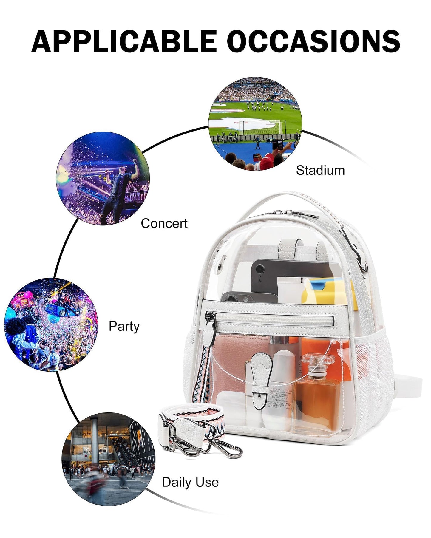 FADEON Clear Small Backpack Purse for Women, Designer Transparent Shoulder Handbag, PVC Mini Clear Bag for Stadium Approved