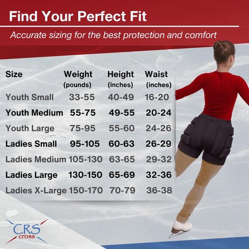 CRS Cross Padded Figure Skating Shorts. Crash Pad Pants for Roller, Inline, Ice Skating, Snowboarding, and Skiing. Fall Impact Protection for Butt, HIPS, and Tailbone (Ladies Large Black)