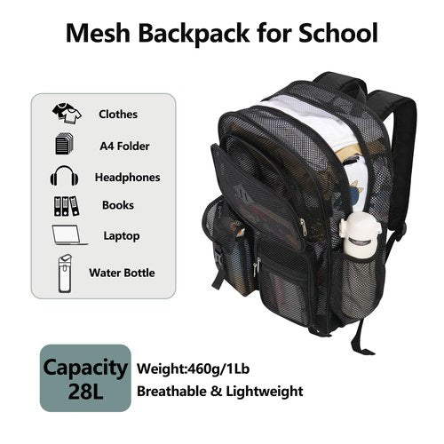 ZEERIIHOME Mesh Backpack Heavy Duty 28L See Through Backpack for Adult with Paded Strap Large Capacity for Sports Hiking Travel Outdoor Beach(Black)