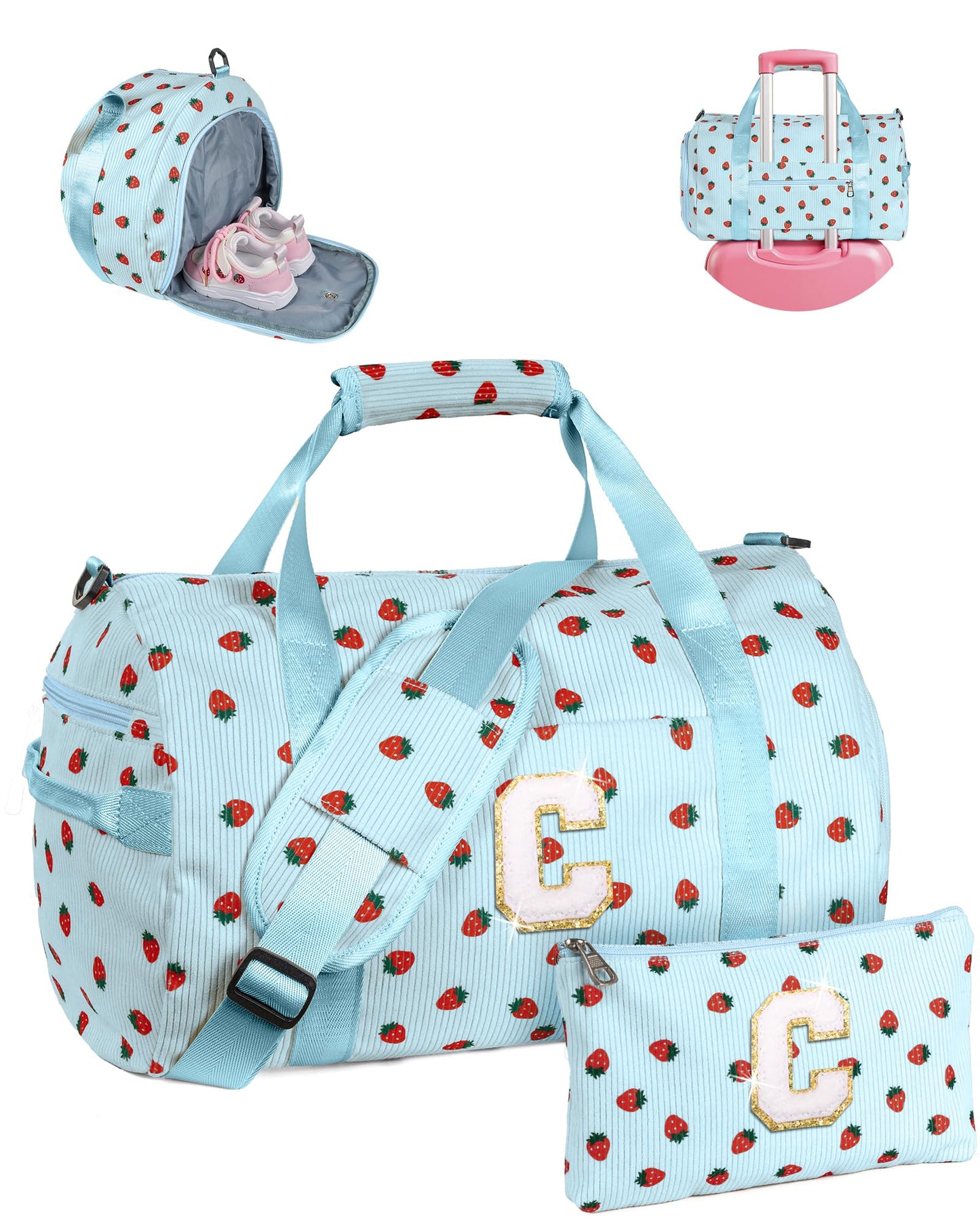 Vogewood Birthday Gift for Grandkids, Girls Gym Bag, Kids Personalized Weekend Duffel Bags with Shoe Compartment, Initial Travel Tote with Makeup Bag, Trendy Gifts for Teen Girl (Letter C)