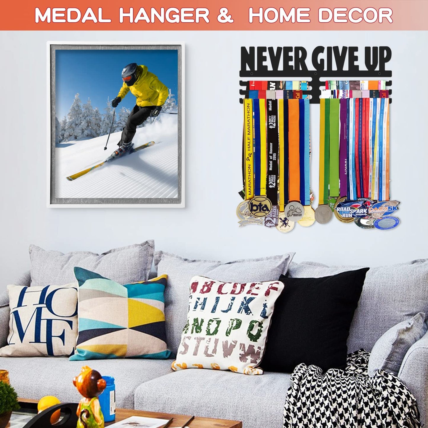 Bliocefo Medals Hanger Holder Display Steel Rack Hooks 15 inches Wall Mount Frame Over 60 Medals-Sports Medal Hook Storage Organizer Never Give Up Ribbon with Easy Hanging Bars Black 3 Lines