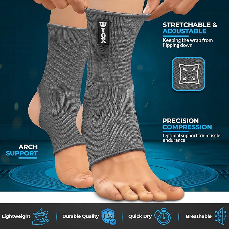Ankle Support Sleeve for Sprained Akle - WYOX Grey S/M, Men & Women - For Running, Gym, Boxing