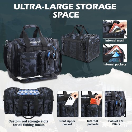 PLUSINNO Tackle Bag - Expandable Fishing Bag for Saltwater & Freshwater - Water Resistant Fishing Gear