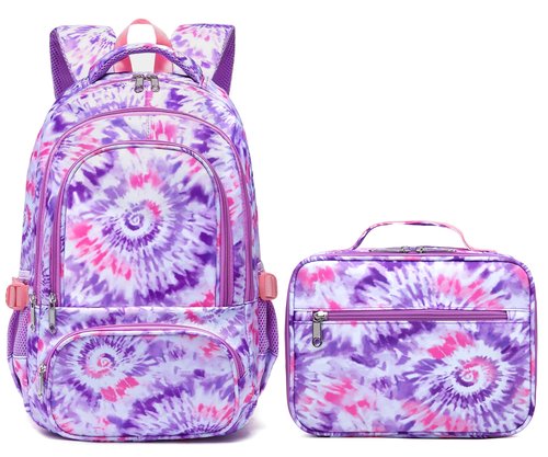 BLUEFAIRY Girls Backpack with Lunch Box Kids Bookbag Set Elemenatry School Bag 17" with insulated Lunch Bag Lunchbox Set Cute Back to School Gifts Mochilas Escolares para Niñas Tie Dye Purple