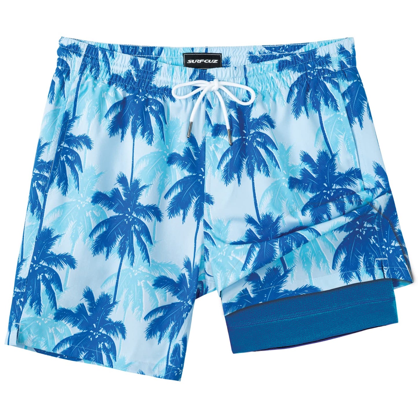 SURF CUZ Mens Swim Trunks with Compression Liner Quick Dry Swim Shorts 7" Swimming Trunks Stretch Zipper Pockets Blue Palm Tree X-Large