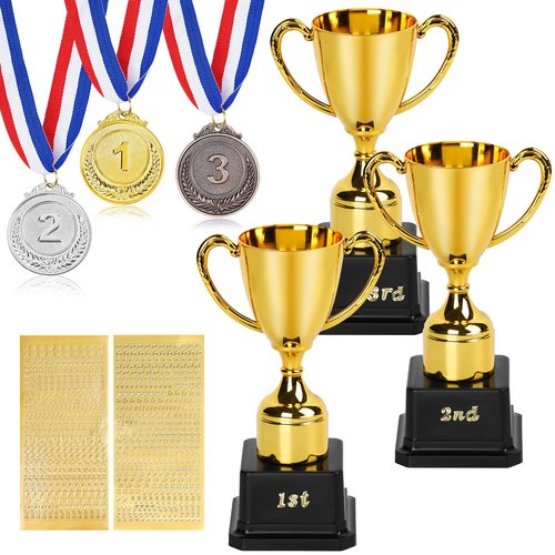 FACULX 6 pcs Trophy and Medal Set,1st 2nd 3rd Zinc Alloy Wheat Ear Medals with Red White Blue Neck Ribbon,7 Inch Gold Plastic Trophies with DIY Alphabet Stickers,for Sports Tournaments,Competitions