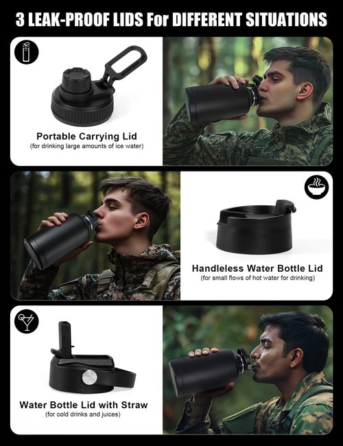 banloga Tactical Half Gallon Water Bottle with Straw, 64 oz Insulated Water Jug with Molle Sleeve, Stainless Steel Sport Battle Bottle with 3 BPA Free Lids for Gym Workout Hiking (Black)