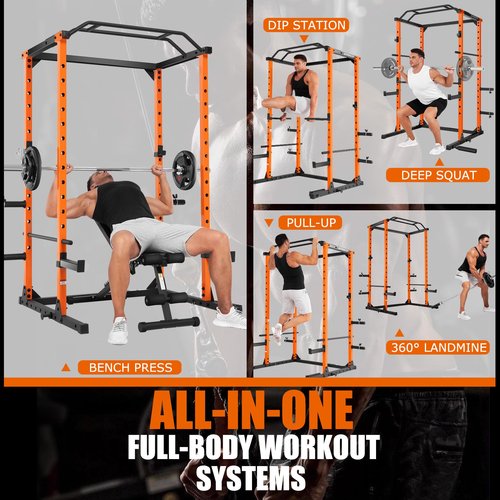 OPPSDECOR Power Cage Squat Rack, Multi-Functional Power Rack with Cable Pulley System, Pull Up Bar, J-Hooks and More Training Attachment, Heavy-Duty Weight Workout Cage for Home Gym (Orange)