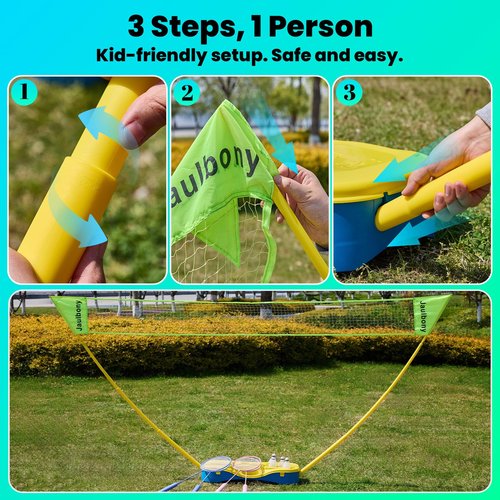 Portable Badminton Net Set Lightweight All-Plastic No-Tool Assembly with 4 Foam Handle Rackets & Nylon Shuttlecocks Carry Case with Cup Holder, Ideal for Backyard, Beach & Park Outdoor Game, Green