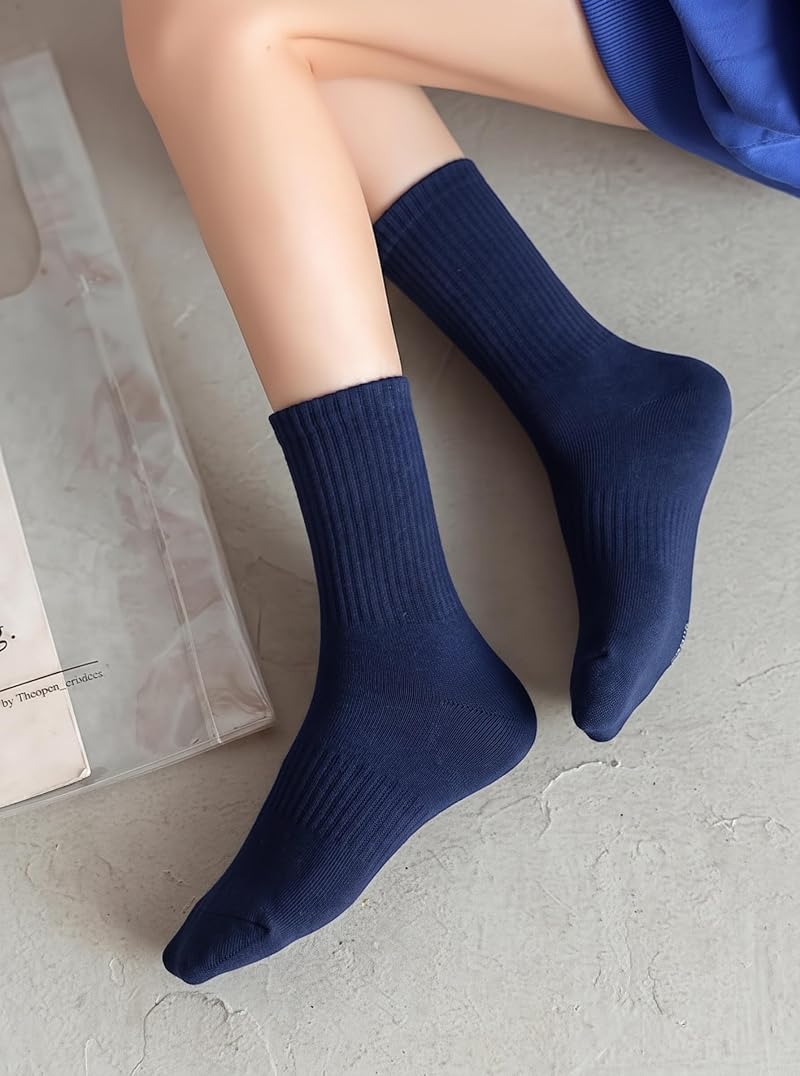 Irisbear Women’s Crew Socks 5 Pairs - Cotton Athletic LightWeight Navy Blue 6-9