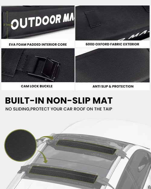 OutdoorMaster Universal Car Soft Roof Rack Pads, Car Rack for Kayak Surfboard SUP Canoe Include 4 Heavy Duty Tie Down Straps, 4 Tie Down Rope, 4 Quick Loop Strap and Storage Bag