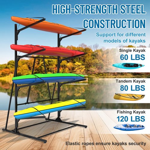 LXVOOEE Kayak Storage Rack, Heavy Duty Freestanding Kayak Rack for Garage and Outdoor Storage, Kayak Stand Adjustable for Kayak, Canoe, Surfboard and Paddle Board, 4-Layer