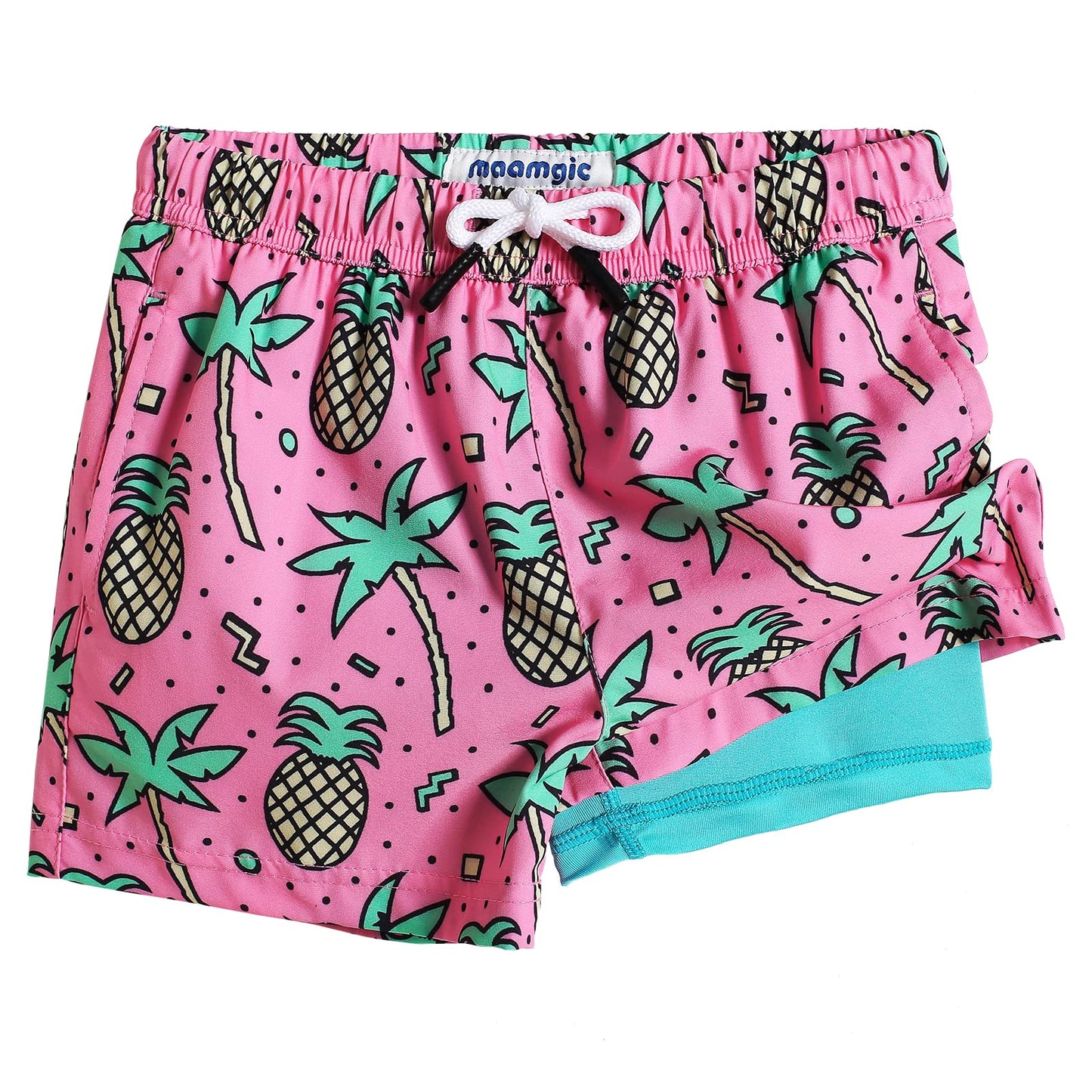 maamgic Boys Swim Trunks with Compression Liner Toddler Stretch Swim Shorts Quick Dry Swimming Trunks Boxer Brief 2 in 1 Beach Shorts Rose Coconut 14/16