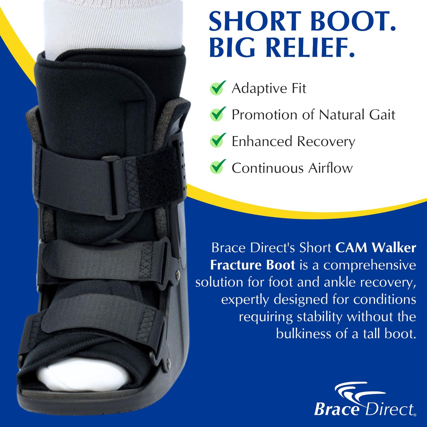 Brace Direct CAM Walker Fracture Boot Short - Lightweight Walking Boot for Foot & Ankle Injuries, Sprains & Stress Fractures - Doctor-Recommended (Men’s 11–12.5 / Women’s 12–13.5)