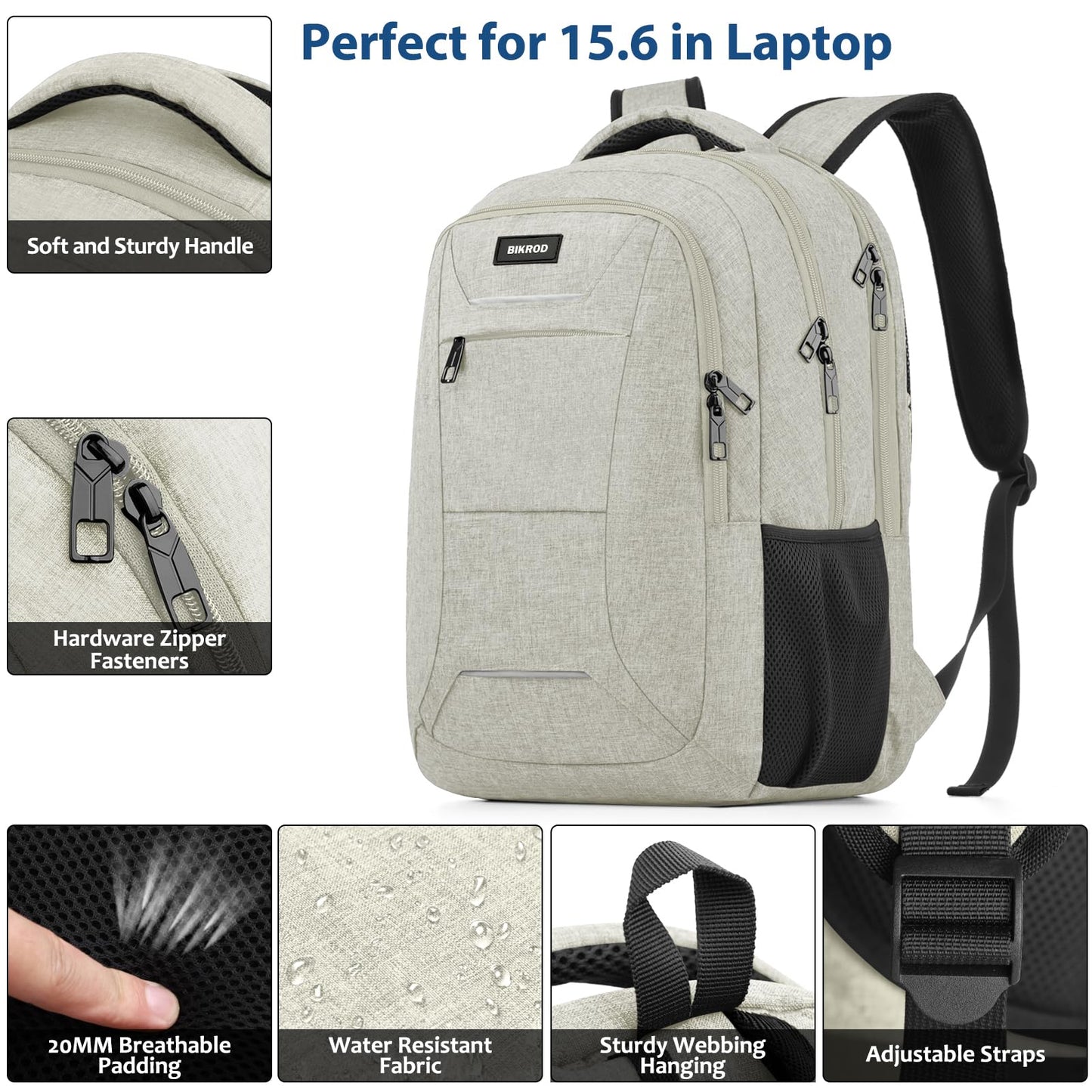 BIKROD Backpack for Men Women, School Backpacks for Teen Boys, Business Anti Theft Sturdy Travel Laptop Backpack, Water Resistant 15.6 Inch Computer Bag Gift, Beige