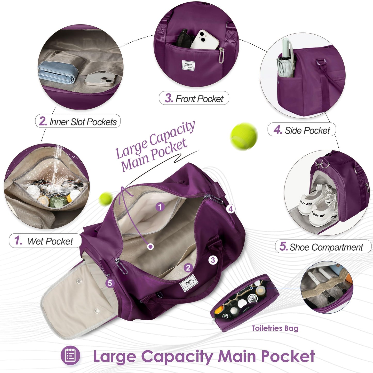 FIORETTO Womens Gym Tote Duffle Bag with Toiletry Bag, Sports Duffel Overnight Hospital Workout Carry on Bag for Girls with Wet Pocket & Shoe Compartment, Ideal for Travel, Swimming, Dance Purple