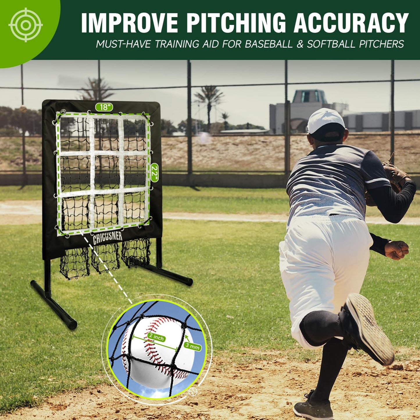 9 Hole Pitching Net, Heavy-Duty Baseball Net with Strike Zone for Pitching and Hitting, Height Adjustable Training Equipment with 9 Pocket Pitching Target for Baseball & Softball Practice