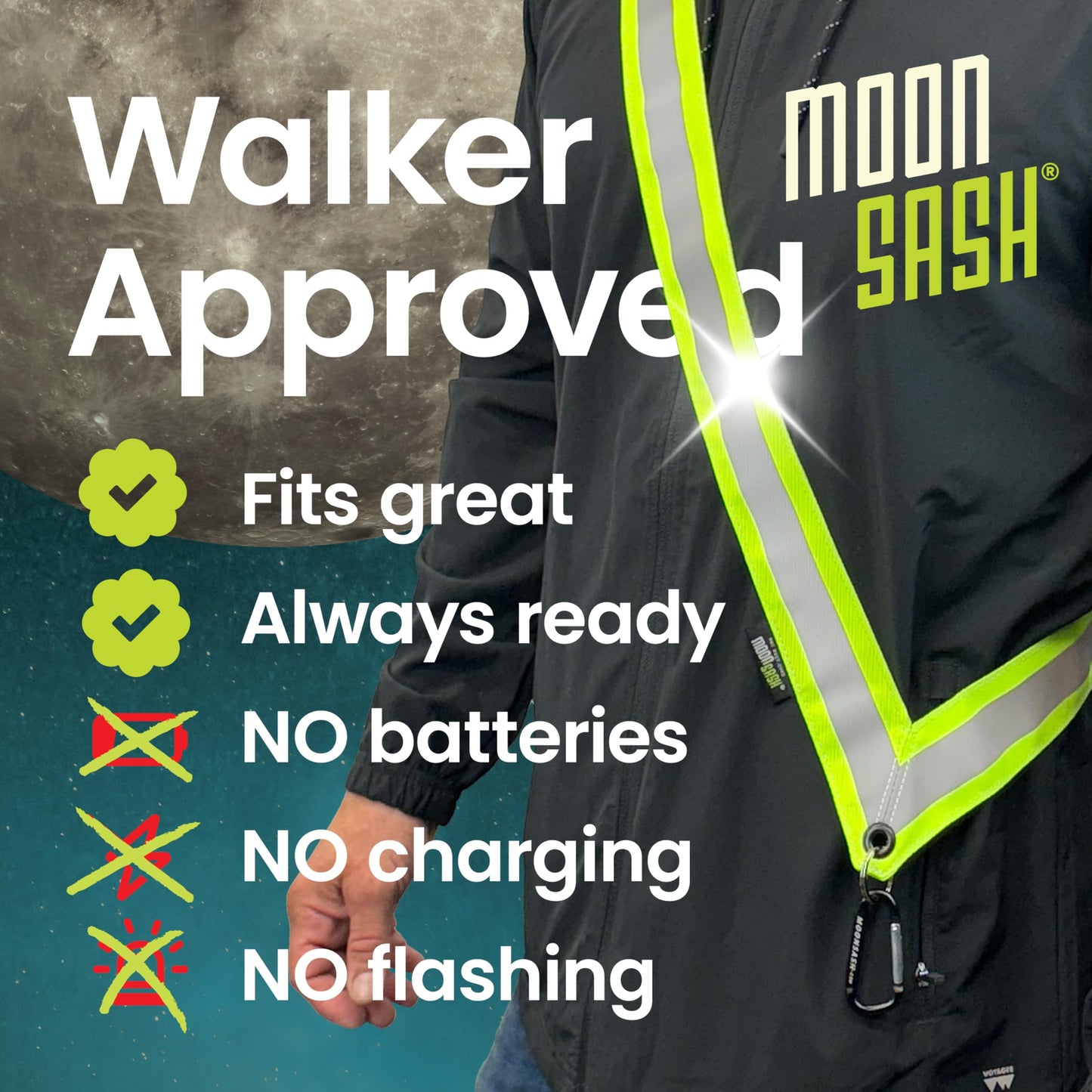 MOONSASH Reflective Sash For Walking At Night | USA-Made | Fitted, Reversible + Patented Night Walking Safety Gear | Perfect Belt/Reflective Vest for Women & Men Alternative | Essential Running Gear