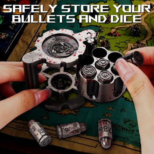 HTSHO Bullet Dice Set Revolver, 7 in 1 Unique Metal DND Spinning Dice, Polyhedral Dice Set for Dungeons and Dragons (Silver)