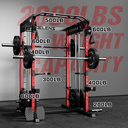 JELENS M21 Smith Machine, Multi-Function Power Cage with Dual Pulley Cable Crossover System, 2000LBS All-in-One Squat Rack with Smith Bar and Attachments (Red, M21 Smith Machine)