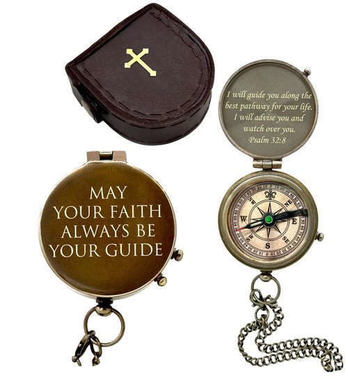 Compass Engraved 'May Your Faith Always Be Your Guide ~ Psalm 32:8' Brass Compass, Keepsake Gifting Compass, for Special Occasions | Direction Guide