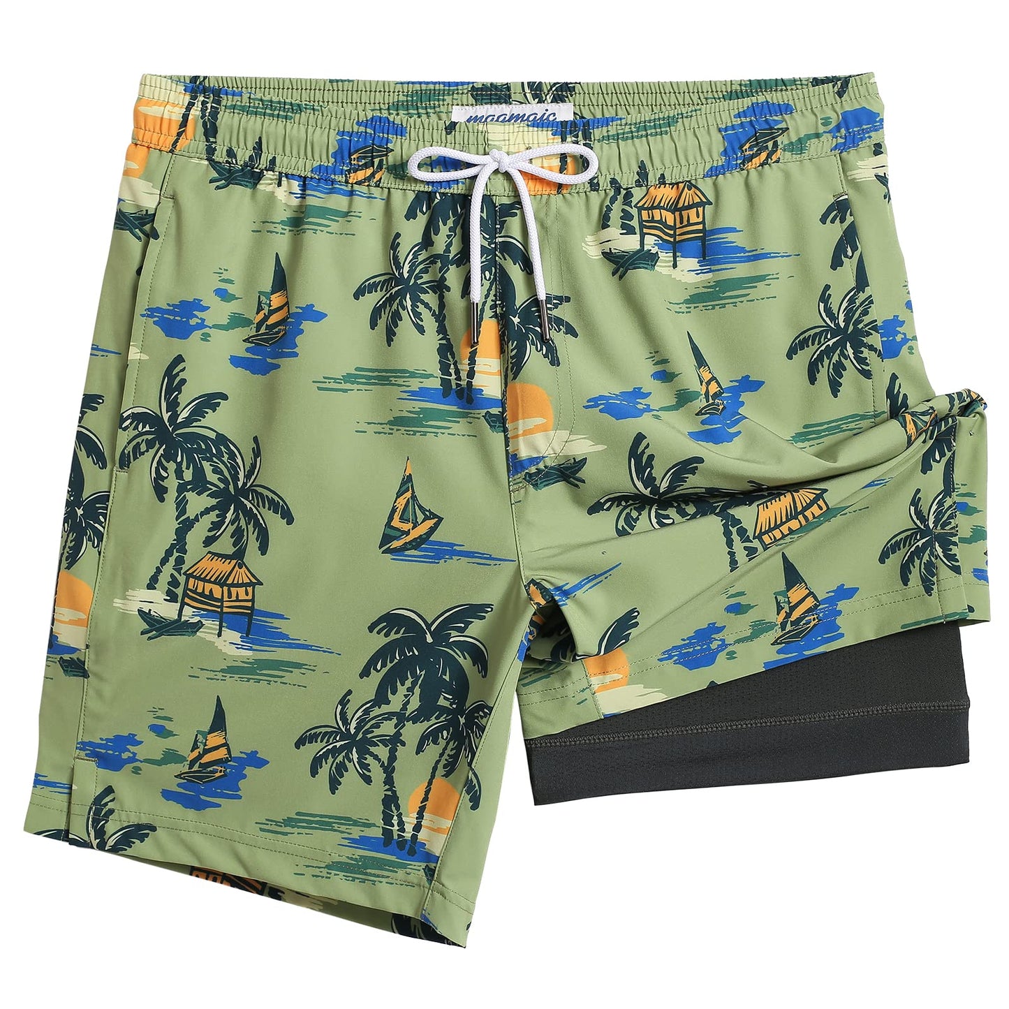maamgic Mens Swim Trunks with Compression Liner 7 Inch Inseam Mens Bathing Suit Quick Dry Swimming Trunks Swimsuit Plamtree Green X-Large