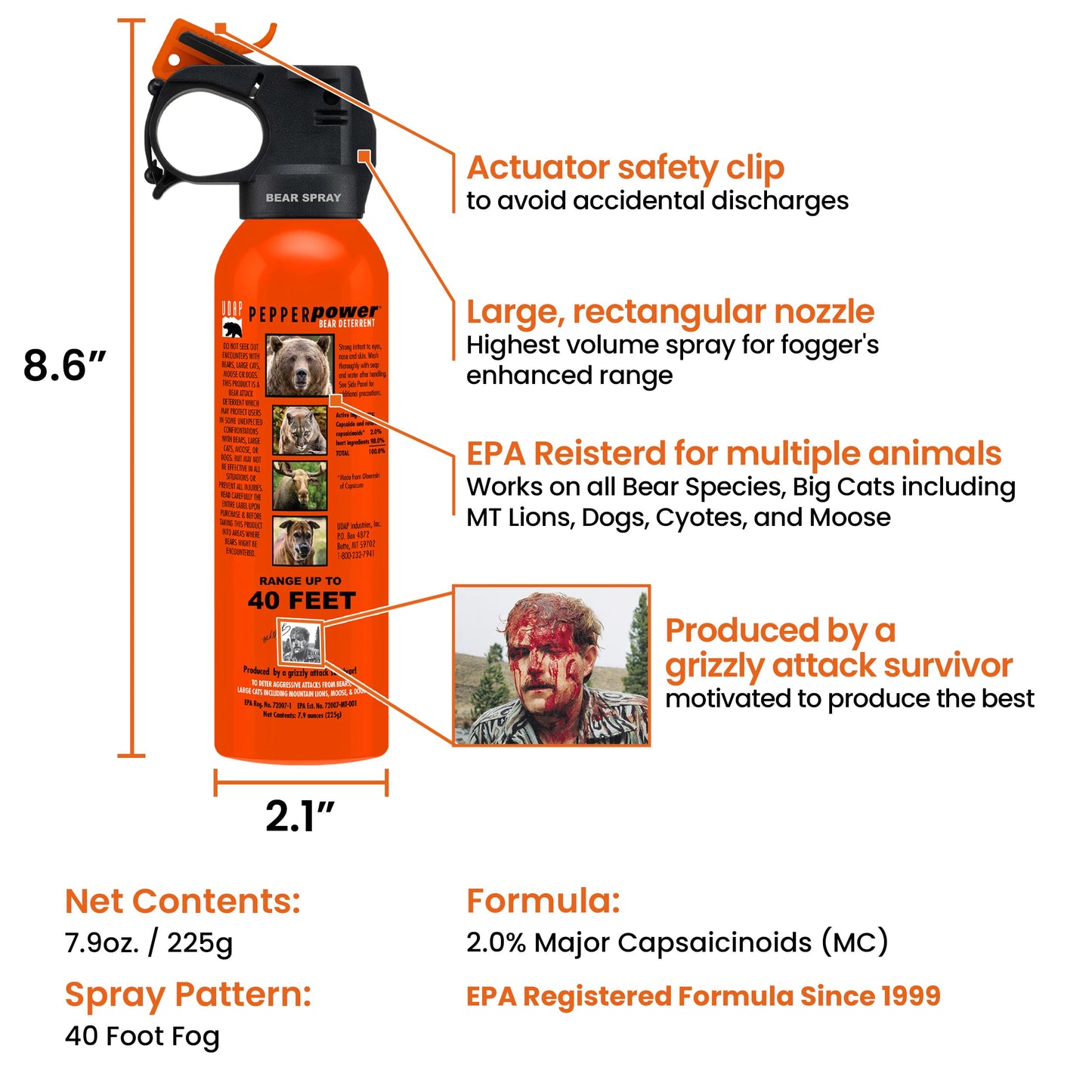 UDAP SOG Pepper Power Bear, Mountain Lion, Dog, Coyote, & Moose Spray Self Defense Deterrent with Griz Guard Holster for Camping, Hiking, Fishing, Powerful Blast, 40 ft Fog Barrier, Safety 7.9 oz