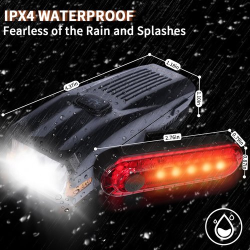 KunHe 2 Pack 227Lumens 1600mAh Bike Light Set Rechargeable Front & Rear Bicycle Lights with IPX5 Waterproof 4 Modes for Night Cycling